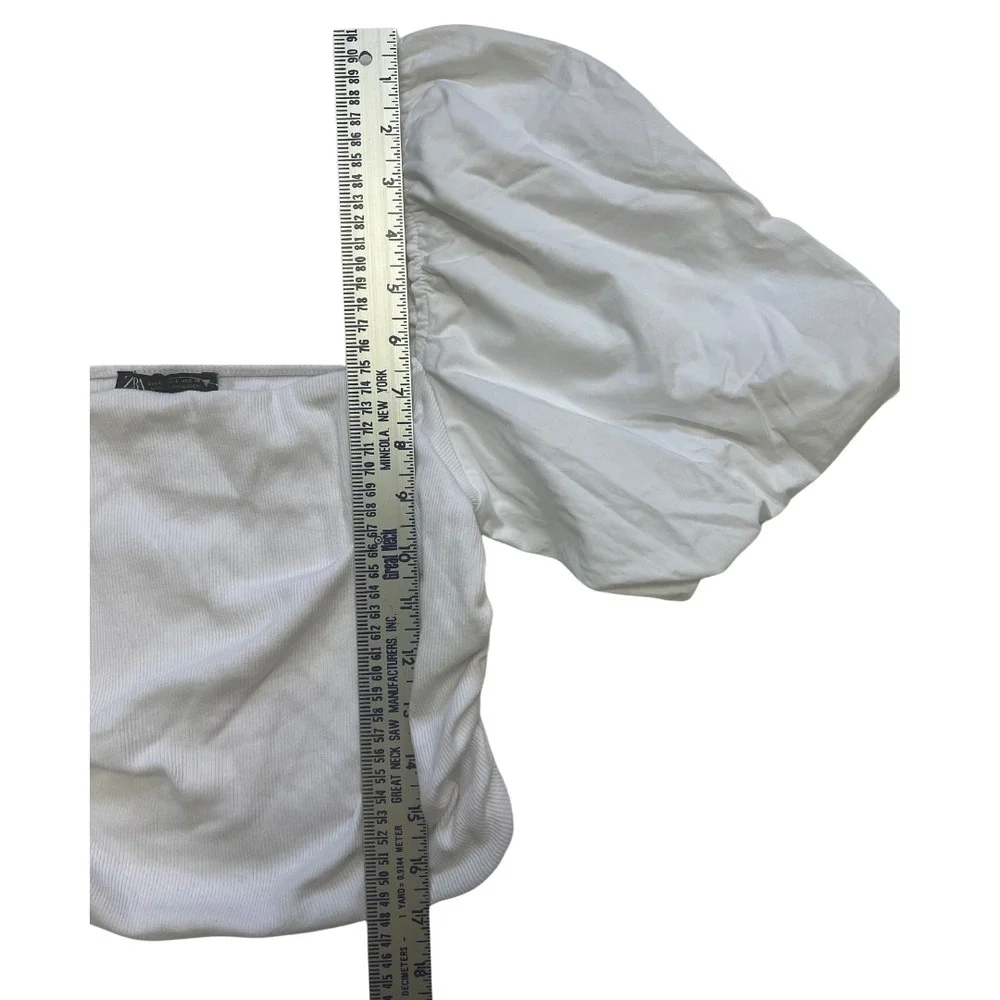 ZARA White Puff Sleeve‎ Top L | Ribbed Square Neck Blouse Romantic Cottagecore